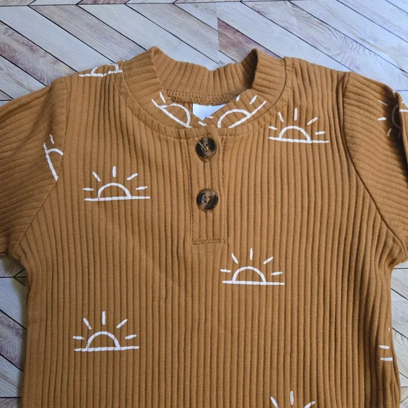 Baby Boy Girl Sun Print Ribbed Long Sleeve Onesie Pants Beanie Lounge Set 12-18M - Picture 3 of 14
